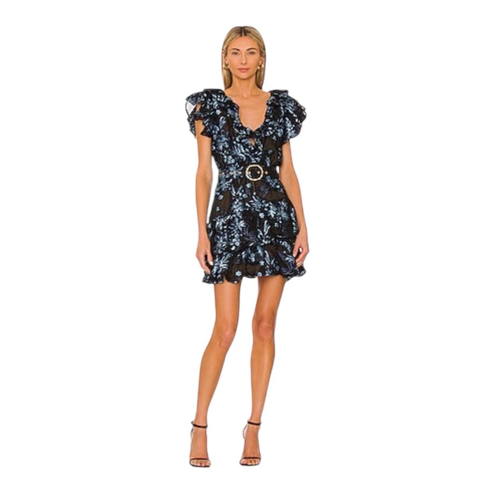 Elliatt Cocktail Dress Blue Embroidered Floral Mini Party Dress Ruffle Belted  L - Picture 5 of 10